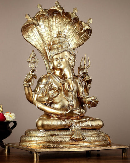 Bronze Lord Ganesha with Shiva and Parvati Idol - 18.5" panchaloha sculpture - Budhshiv.com