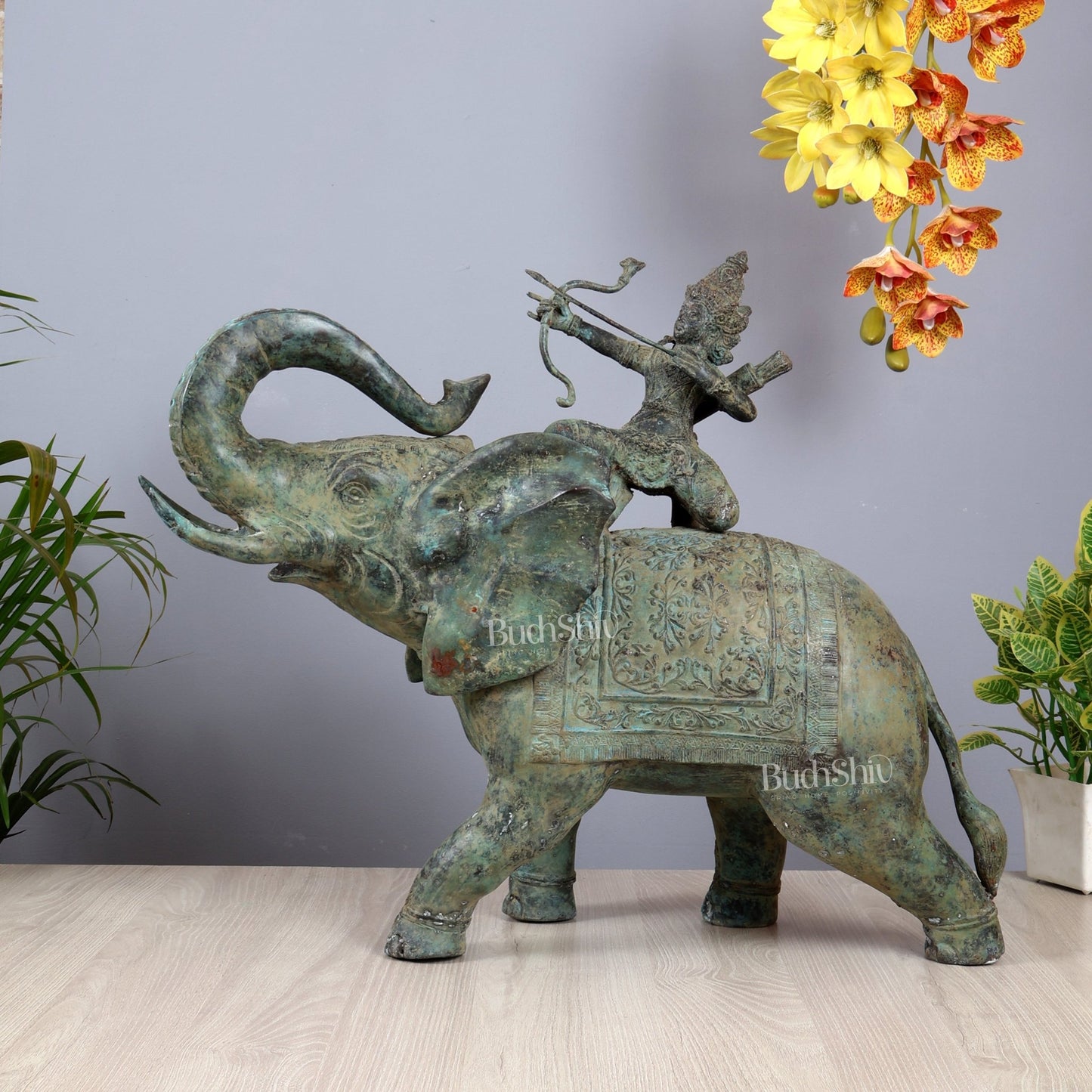 Bronze Lord indra on Elephant Raising Bow Sculpture 23" - Budhshiv.com