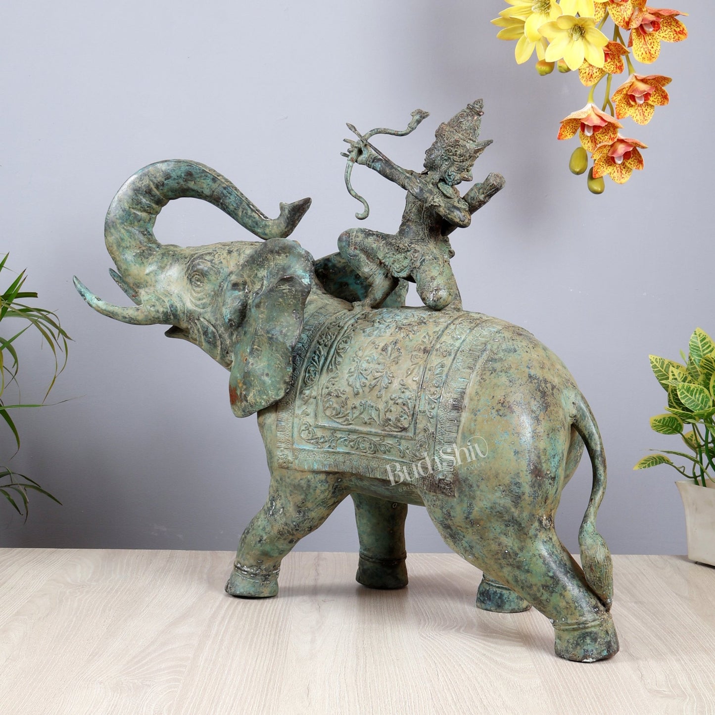 Bronze Lord indra on Elephant Raising Bow Sculpture 23" - Budhshiv.com
