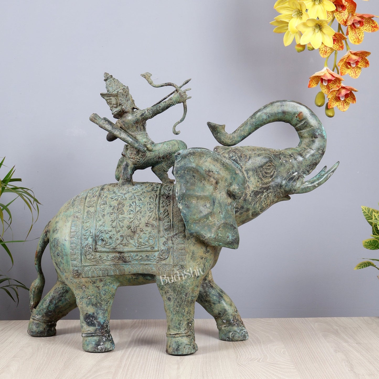 Bronze Lord indra on Elephant Raising Bow Sculpture 23" - Budhshiv.com