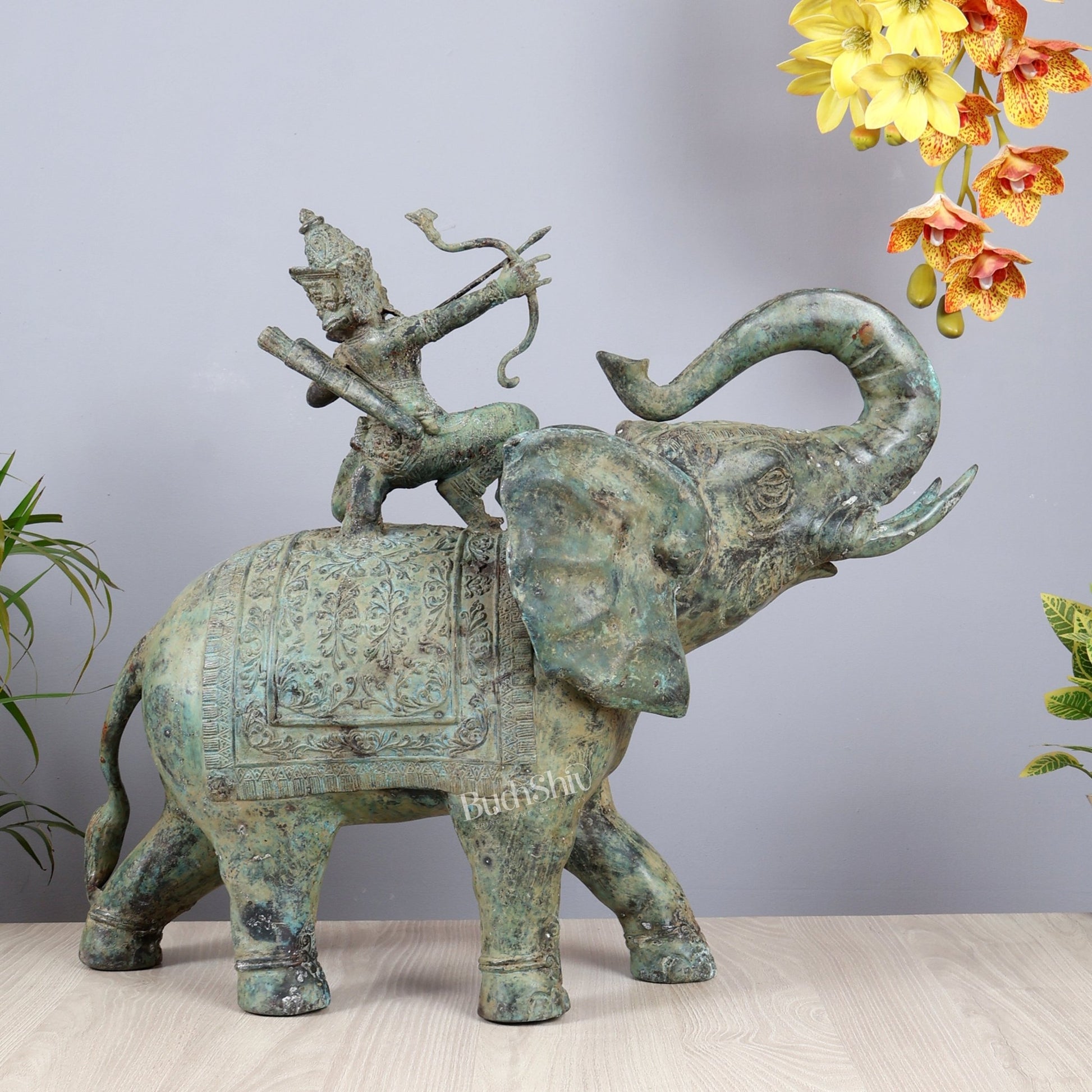 Bronze Lord indra on Elephant Raising Bow Sculpture 23" - Budhshiv.com