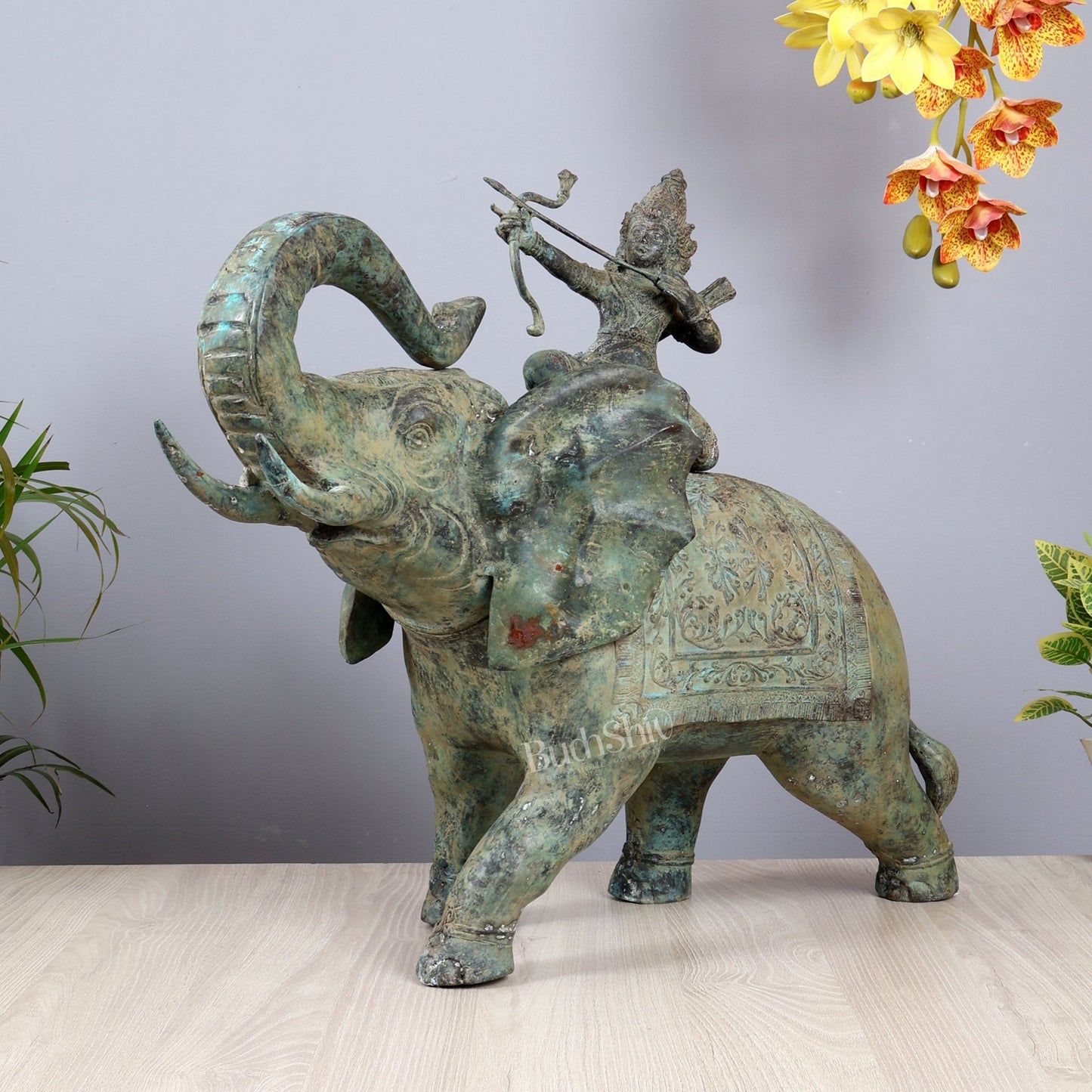 Bronze Lord indra on Elephant Raising Bow Sculpture 23" - Budhshiv.com