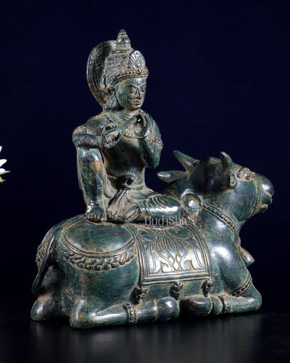 Bronze Lord Krishna Sitting on Cow Sculpture | Height: 9 inch - Budhshiv.com