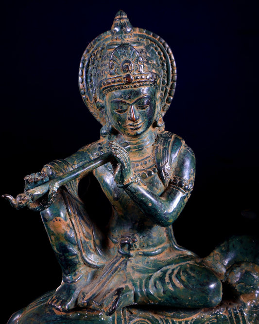 Bronze Lord Krishna Sitting on Cow Sculpture | Height: 9 inch - Budhshiv.com