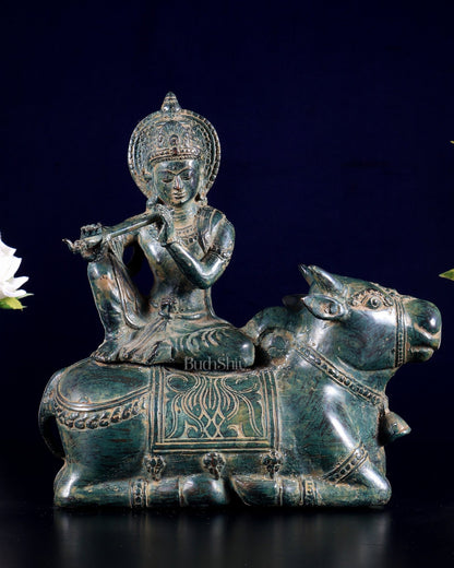 Bronze Lord Krishna Sitting on Cow Sculpture | Height: 9 inch - Budhshiv.com