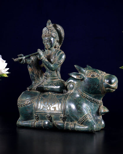 Bronze Lord Krishna Sitting on Cow Sculpture | Height: 9 inch - Budhshiv.com