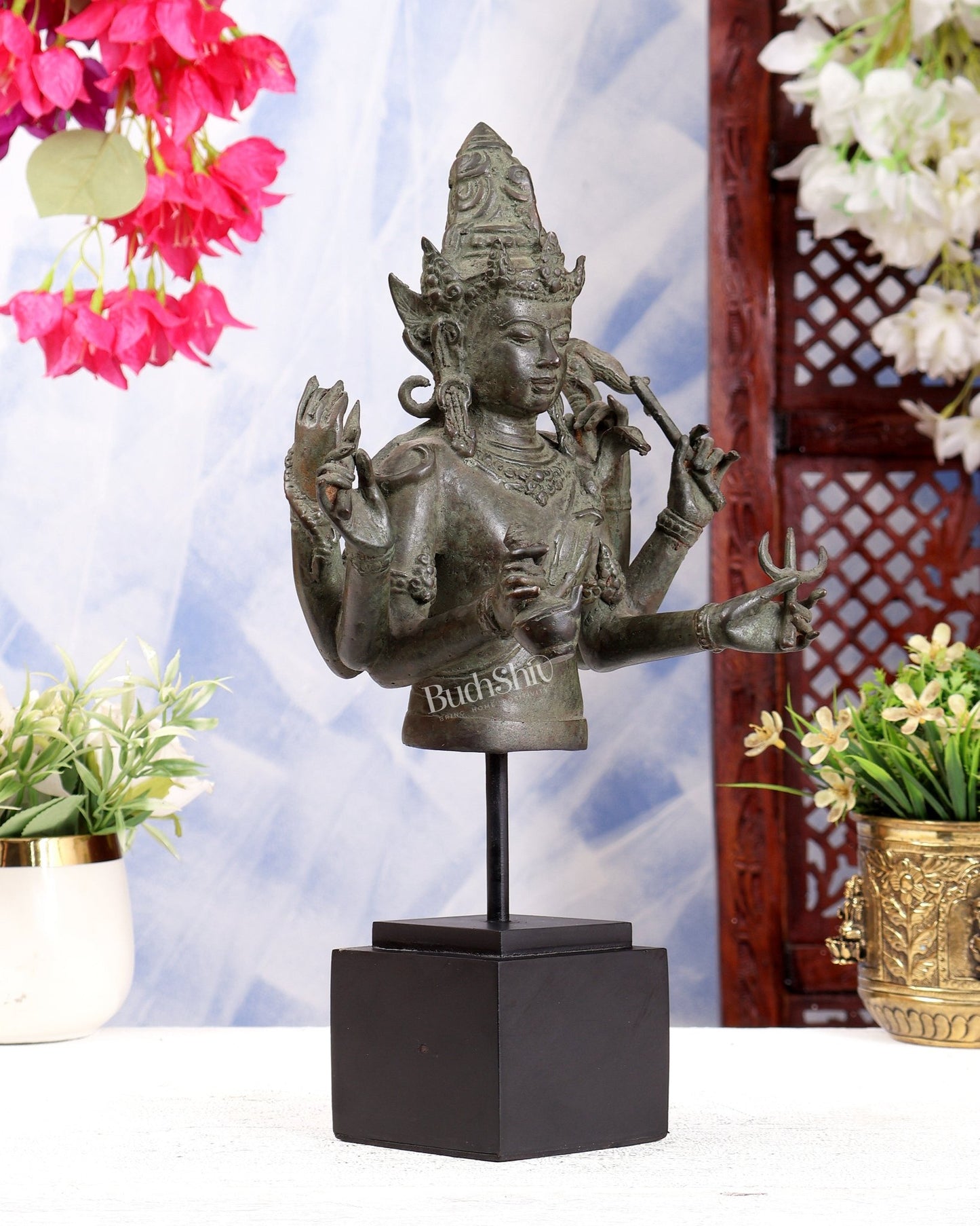 Bronze Lord Shiva Bust on Wooden Base – Museum Style Collectible 13.5 inch - Budhshiv.com
