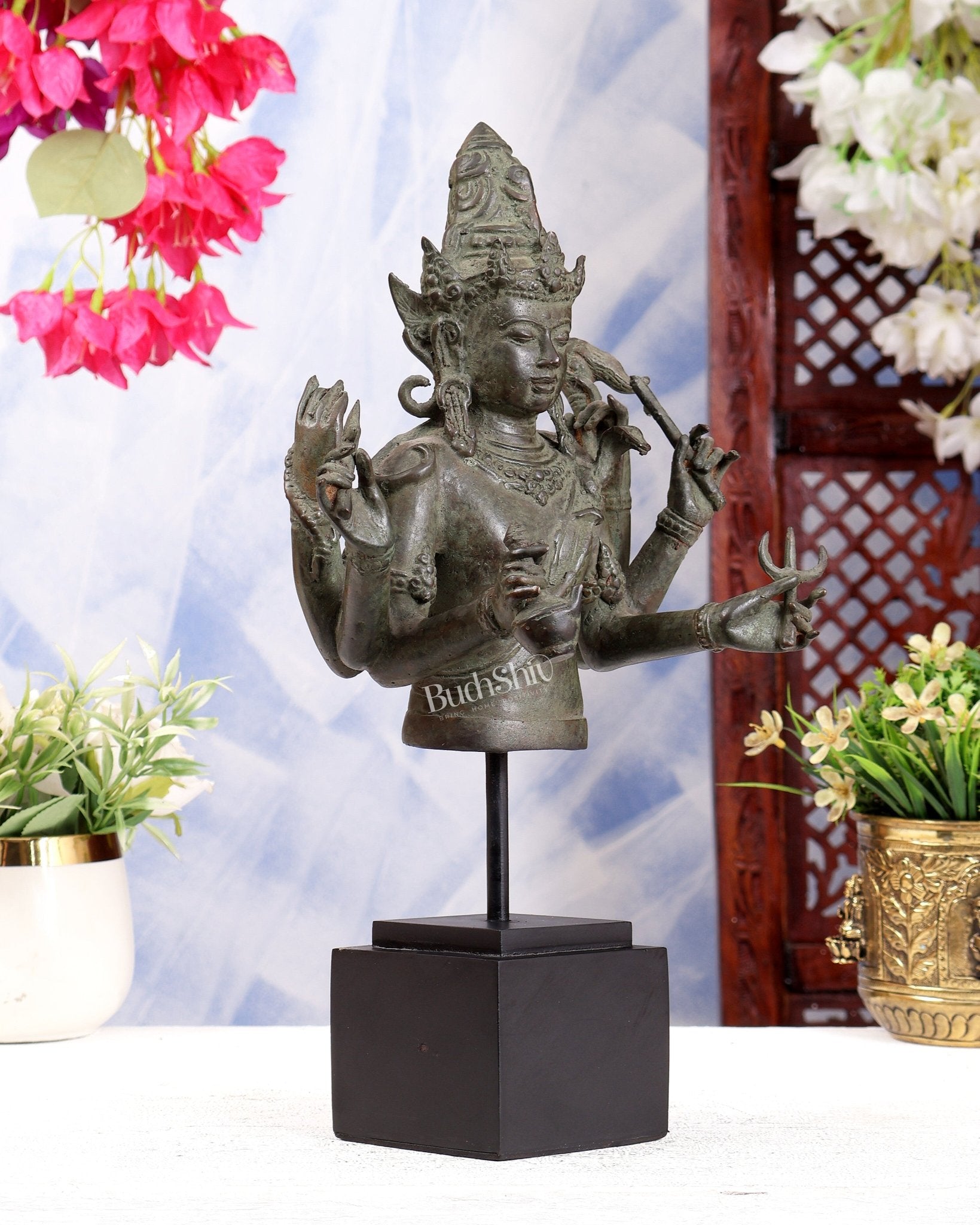 Bronze Lord Shiva Bust on Wooden Base – Museum Style Collectible 13.5 inch - Budhshiv.com