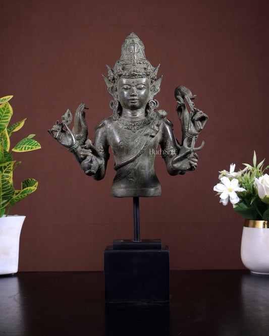 Bronze Lord Shiva Bust on Wooden Base – Museum Style Collectible 13.5 inch - Budhshiv.com