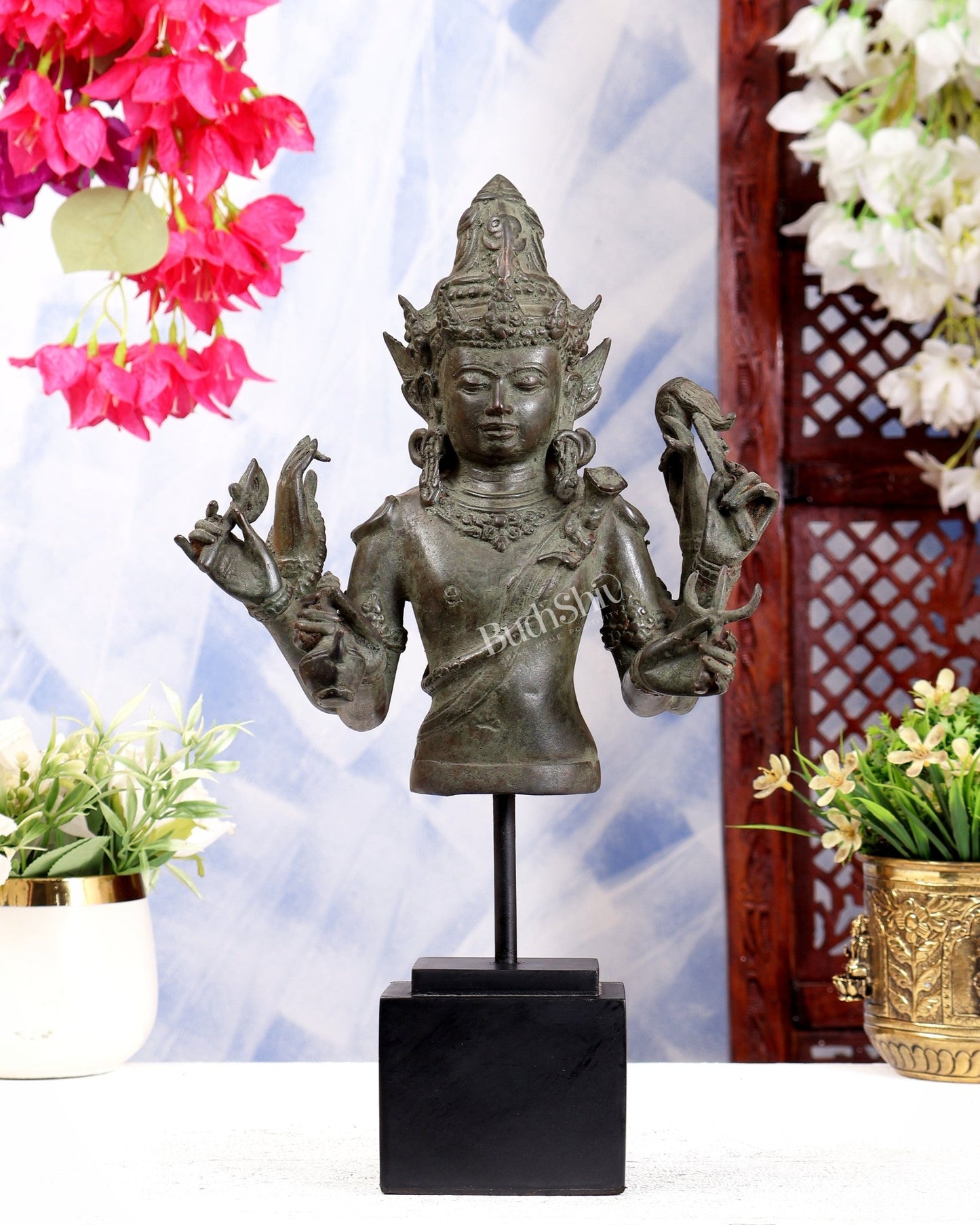 Bronze Lord Shiva Bust on Wooden Base – Museum Style Collectible 13.5 inch - Budhshiv.com