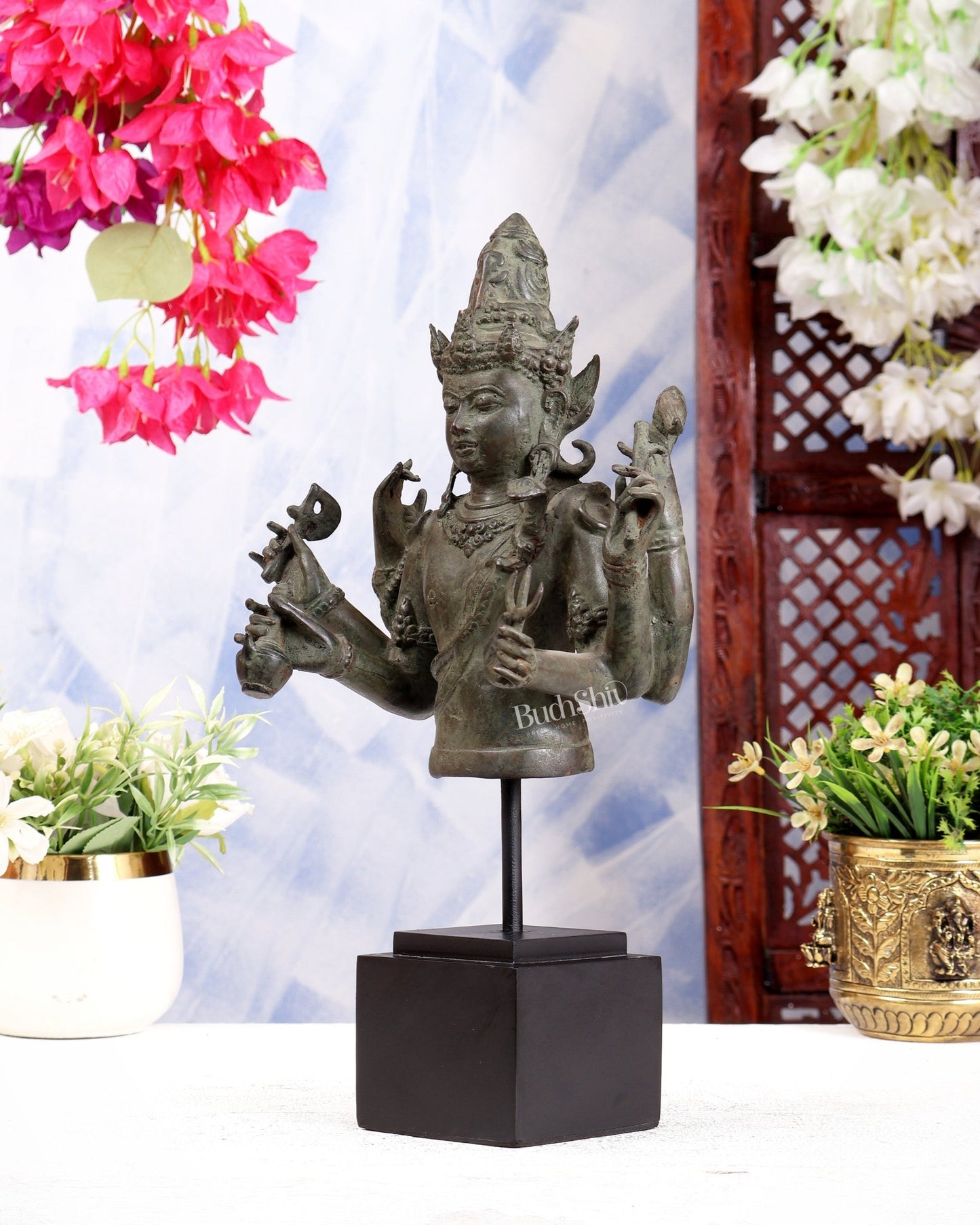 Bronze Lord Shiva Bust on Wooden Base – Museum Style Collectible 13.5 inch - Budhshiv.com