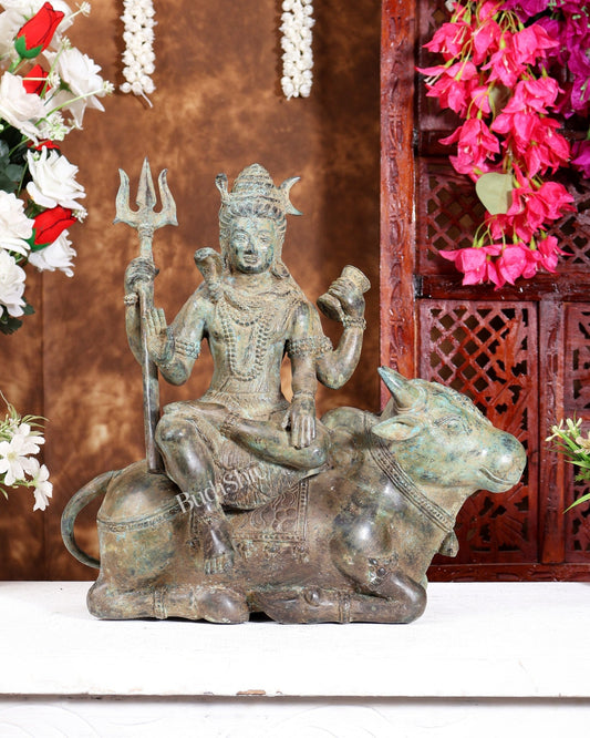 Bronze Lord Shiva Seated on Nandi Idol – Balinese Lost Wax Cast Sculpture (15 Inches) - Budhshiv.com