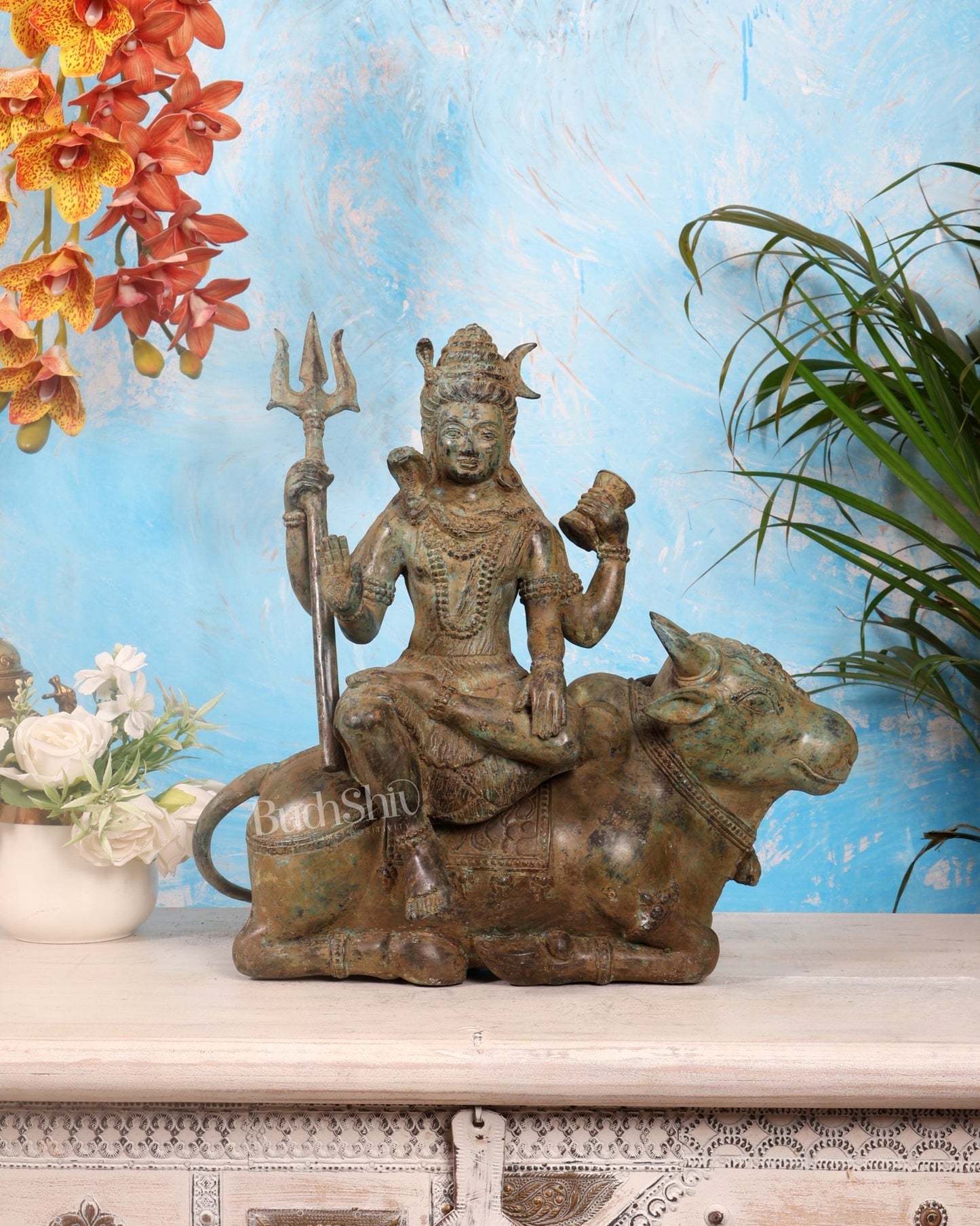 Bronze Lord Shiva Seated on Nandi Idol – Balinese Lost Wax Cast Sculpture (15 Inches) - Budhshiv.com