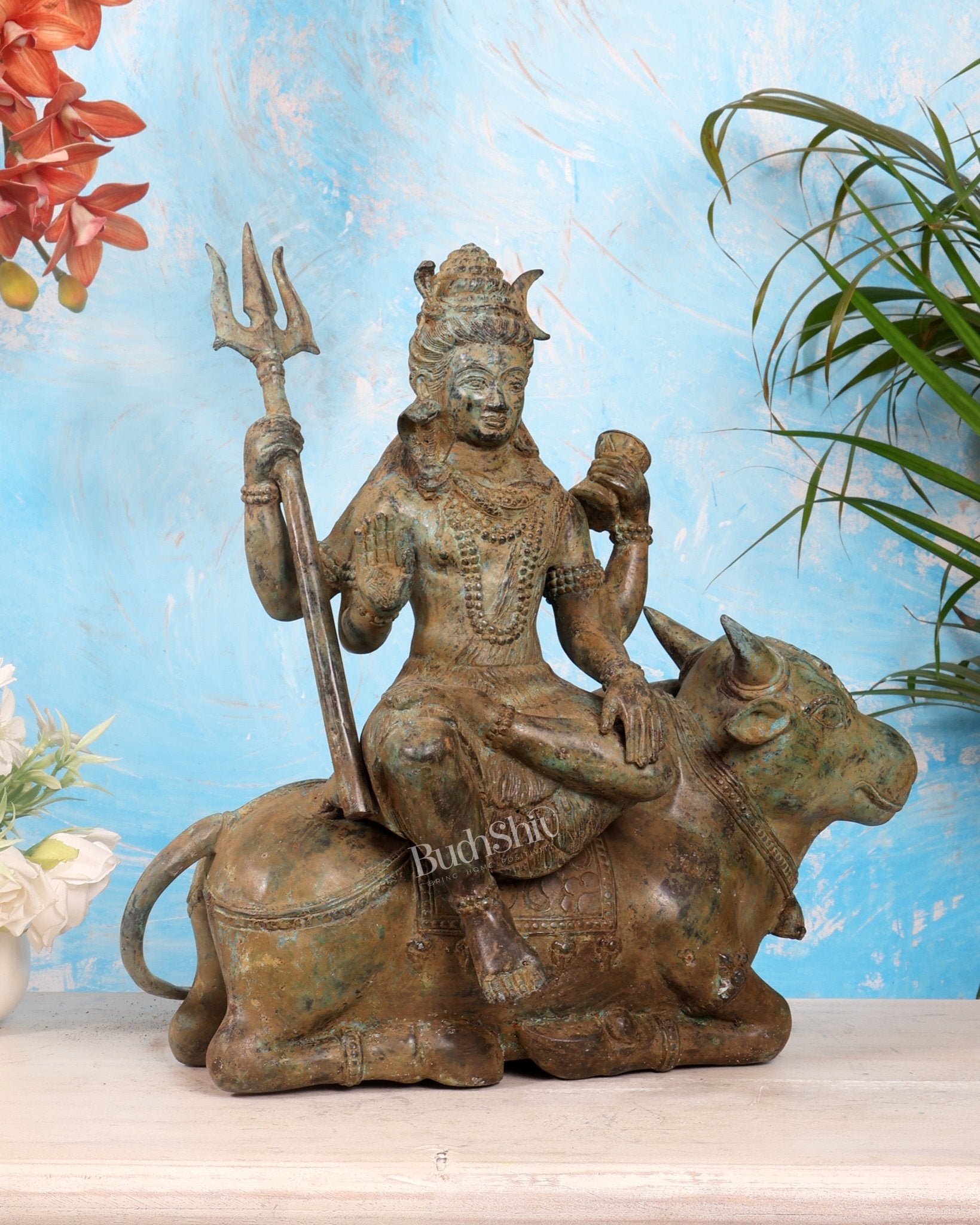 Bronze Lord Shiva Seated on Nandi Idol – Balinese Lost Wax Cast Sculpture (15 Inches) - Budhshiv.com