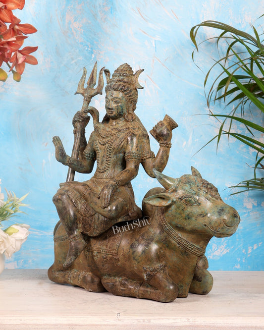 Bronze Lord Shiva Seated on Nandi Idol – Balinese Lost Wax Cast Sculpture (15 Inches) - Budhshiv.com