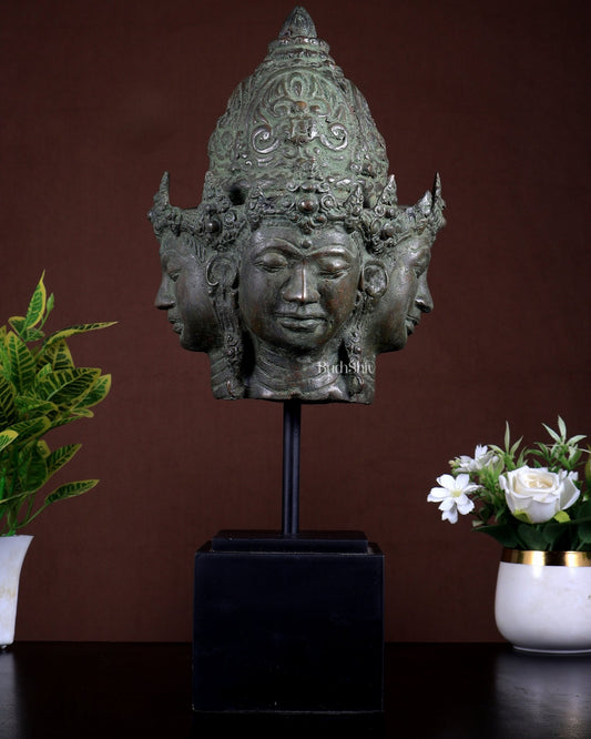 Bronze Lord Vishnu Chaturmukha (Four - Directional, Four - Faced) Bust on Wooden Stand – Museum Grade Collectible - Budhshiv.com