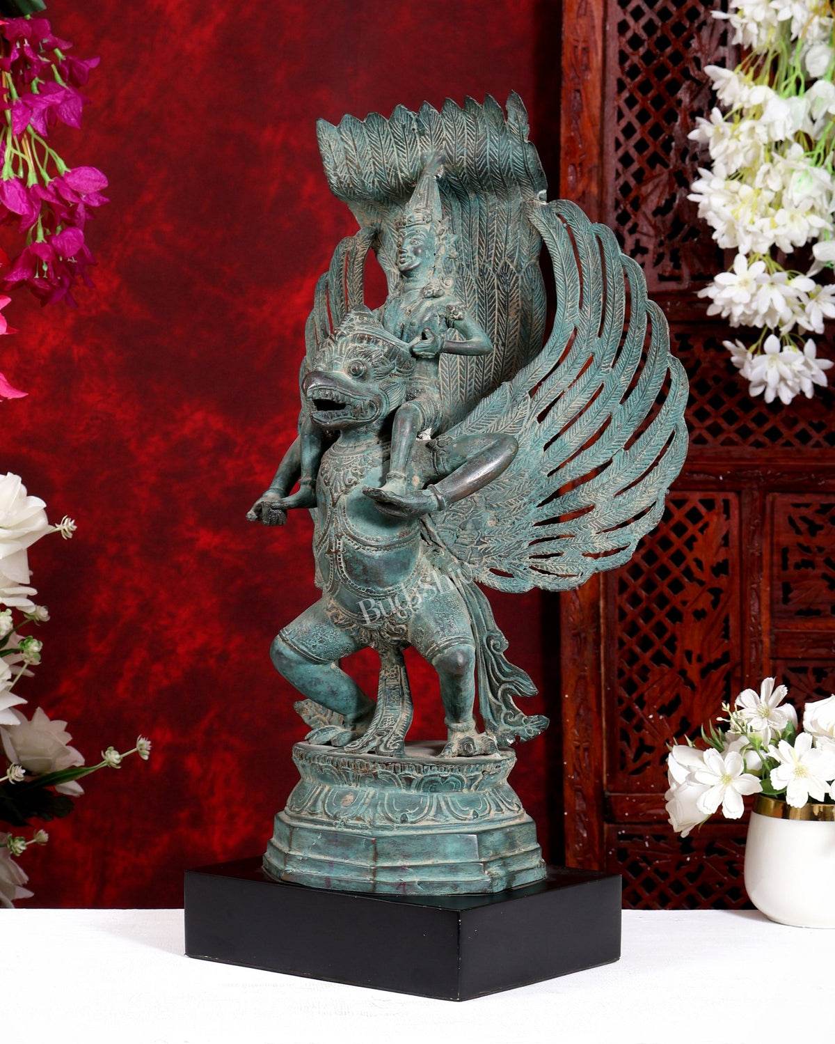 Bronze Lord Vishnu Riding on Garuda Sculpture 21 inch - Budhshiv.com
