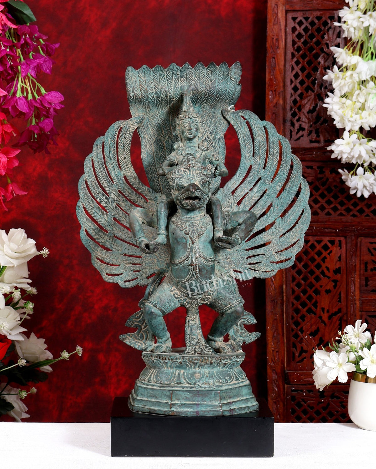 Bronze Lord Vishnu Riding on Garuda Sculpture 21 inch - Budhshiv.com