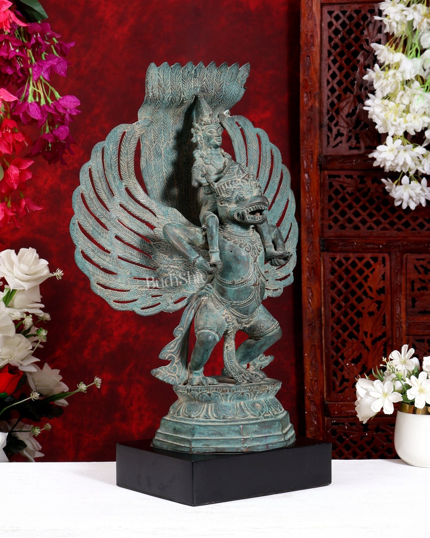 Bronze Lord Vishnu Riding on Garuda Sculpture 21 inch - Budhshiv.com