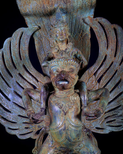Bronze Lord Vishnu Riding on Garuda Sculpture | Lost Wax | 21" Height | - Budhshiv.com
