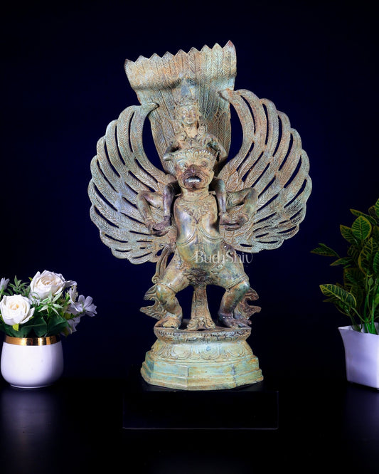 Bronze Lord Vishnu Riding on Garuda Sculpture | Lost Wax | 21" Height | - Budhshiv.com