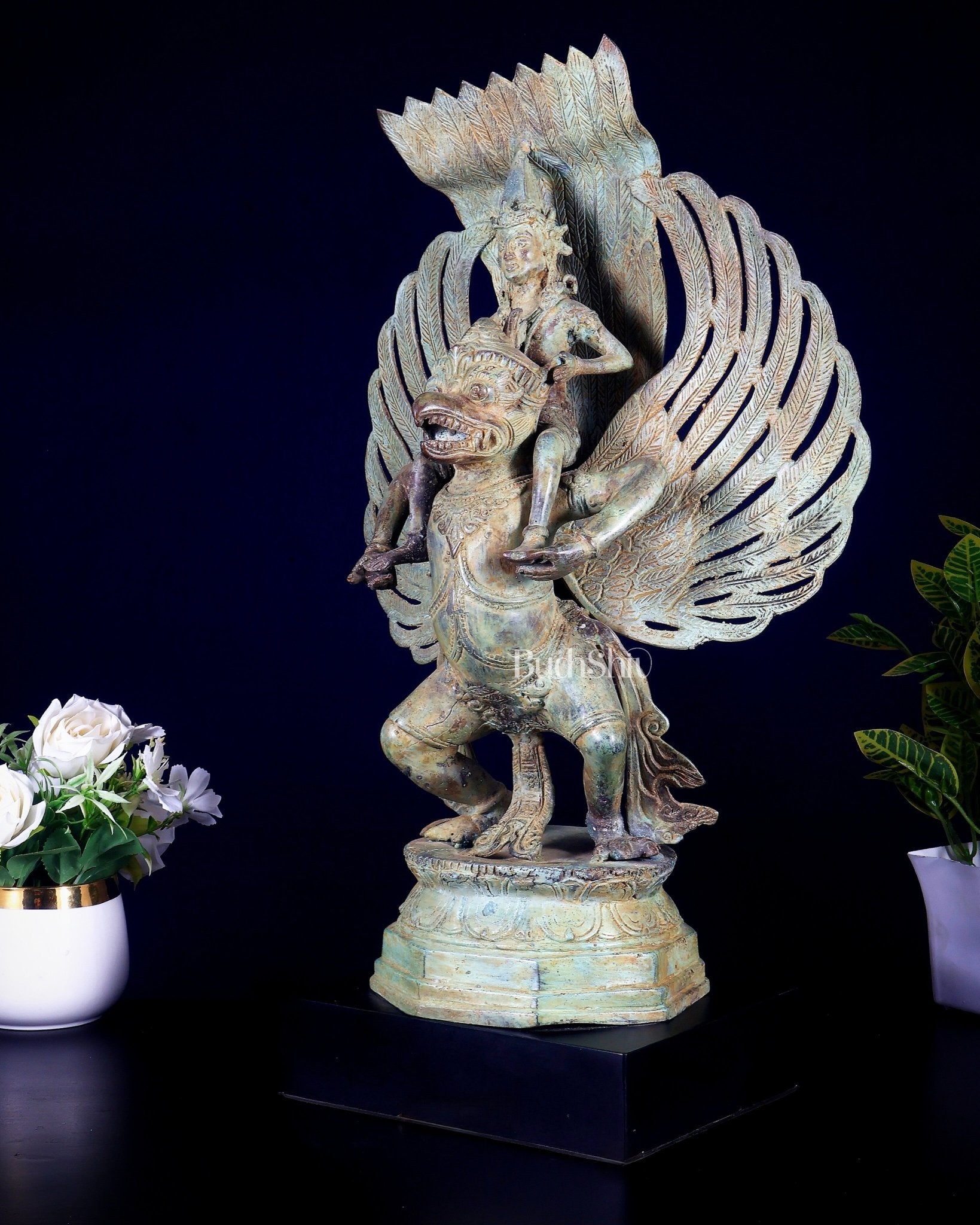 Bronze Lord Vishnu Riding on Garuda Sculpture | Lost Wax | 21" Height | - Budhshiv.com