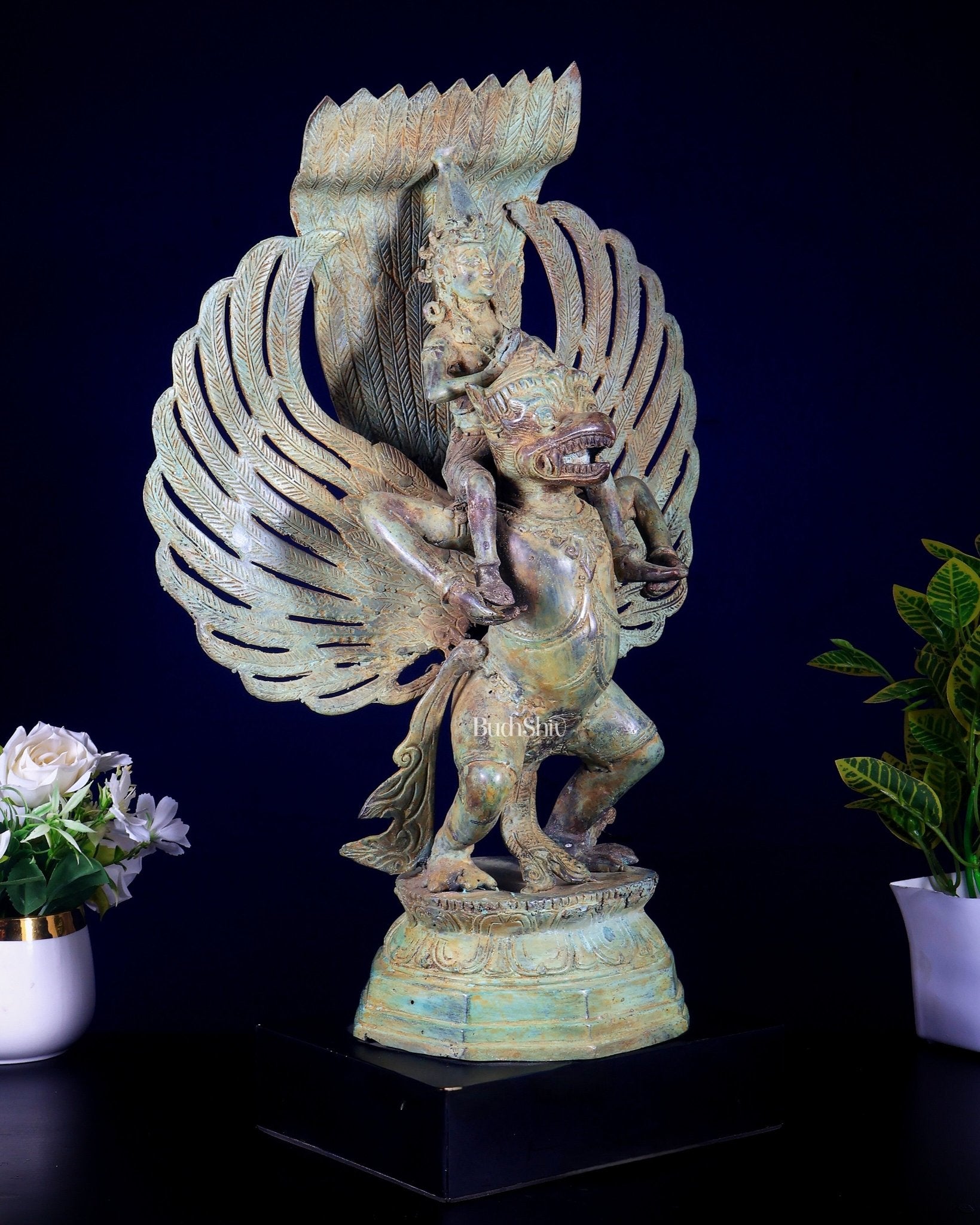 Bronze Lord Vishnu Riding on Garuda Sculpture | Lost Wax | 21" Height | - Budhshiv.com