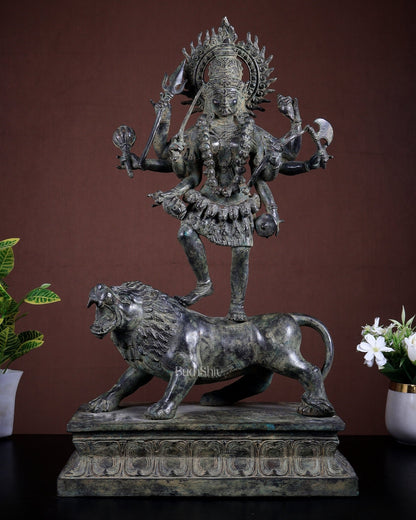 Bronze Mahakali Standing on Lion – Lost Wax Museum Grade Sculpture 21 inch - Budhshiv.com