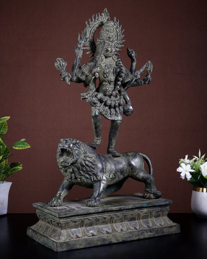 Bronze Mahakali Standing on Lion – Lost Wax Museum Grade Sculpture 21 inch - Budhshiv.com