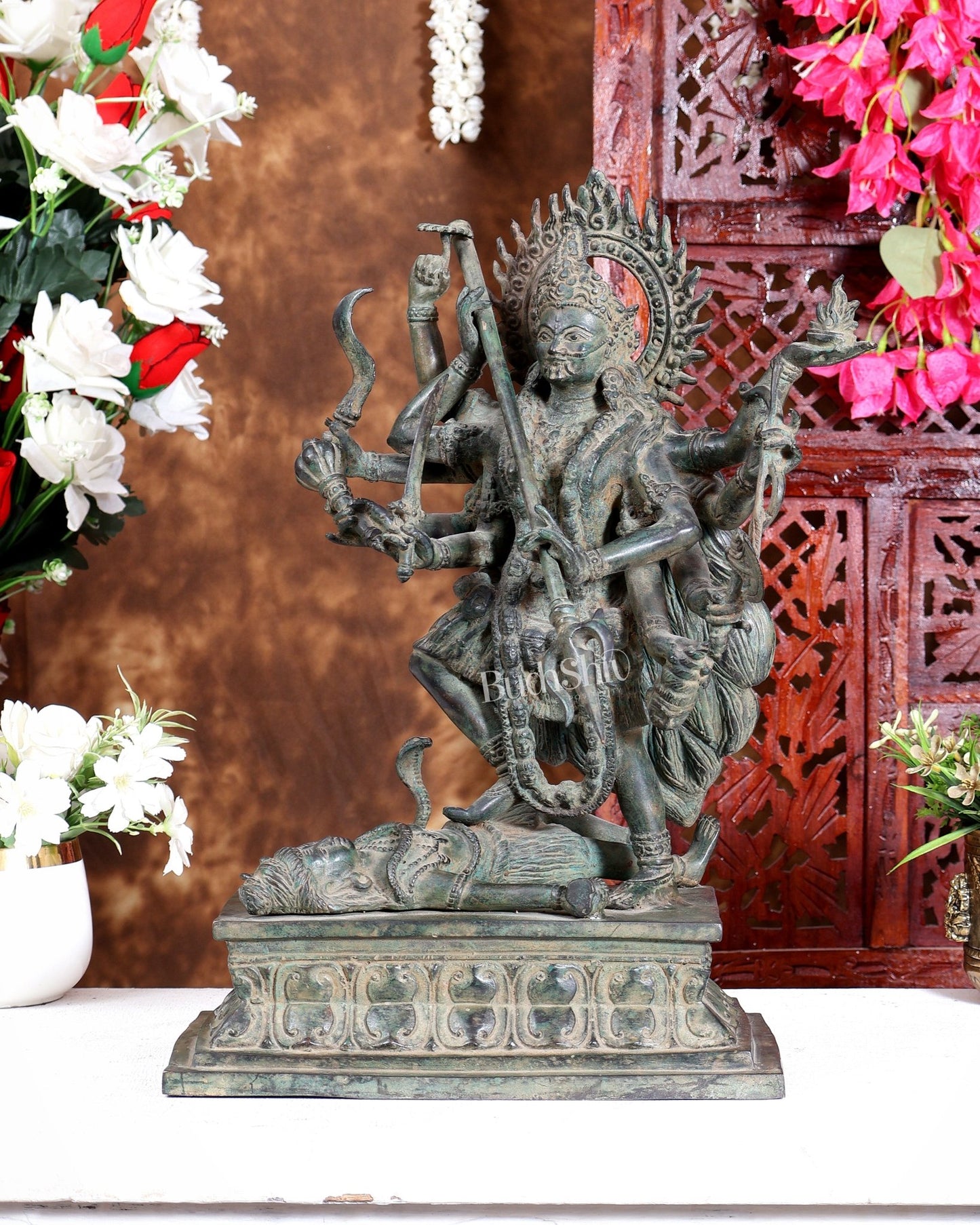 Bronze Mahakali Statue Patina Finish | Lost Wax Sculpture 18 Inch dashabhuja - Budhshiv.com