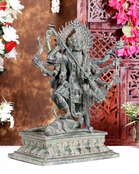 Bronze Mahakali Statue Patina Finish | Lost Wax Sculpture 18 Inch dashabhuja - Budhshiv.com