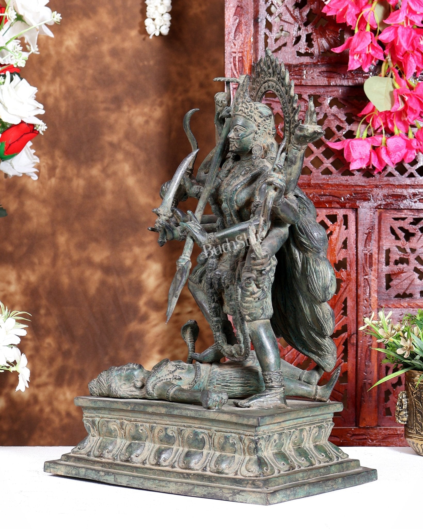 Bronze Mahakali Statue Patina Finish | Lost Wax Sculpture 18 Inch dashabhuja - Budhshiv.com