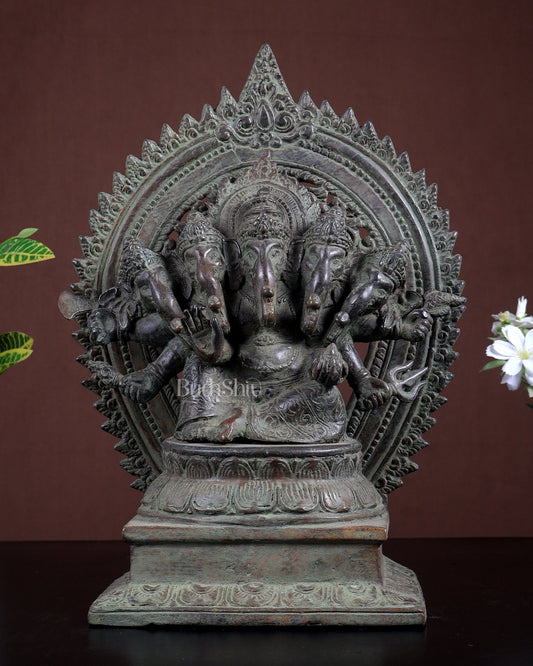 Bronze Panchmukhi Ganesha with Prabhavali | Antique Patina | 12.2" Handcrafted Idol - Budhshiv.com