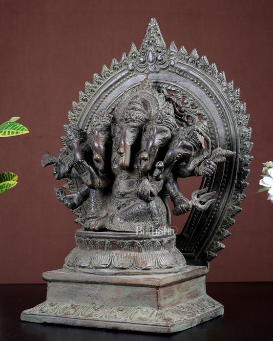 Bronze Panchmukhi Ganesha with Prabhavali | Antique Patina | 12.2" Handcrafted Idol - Budhshiv.com