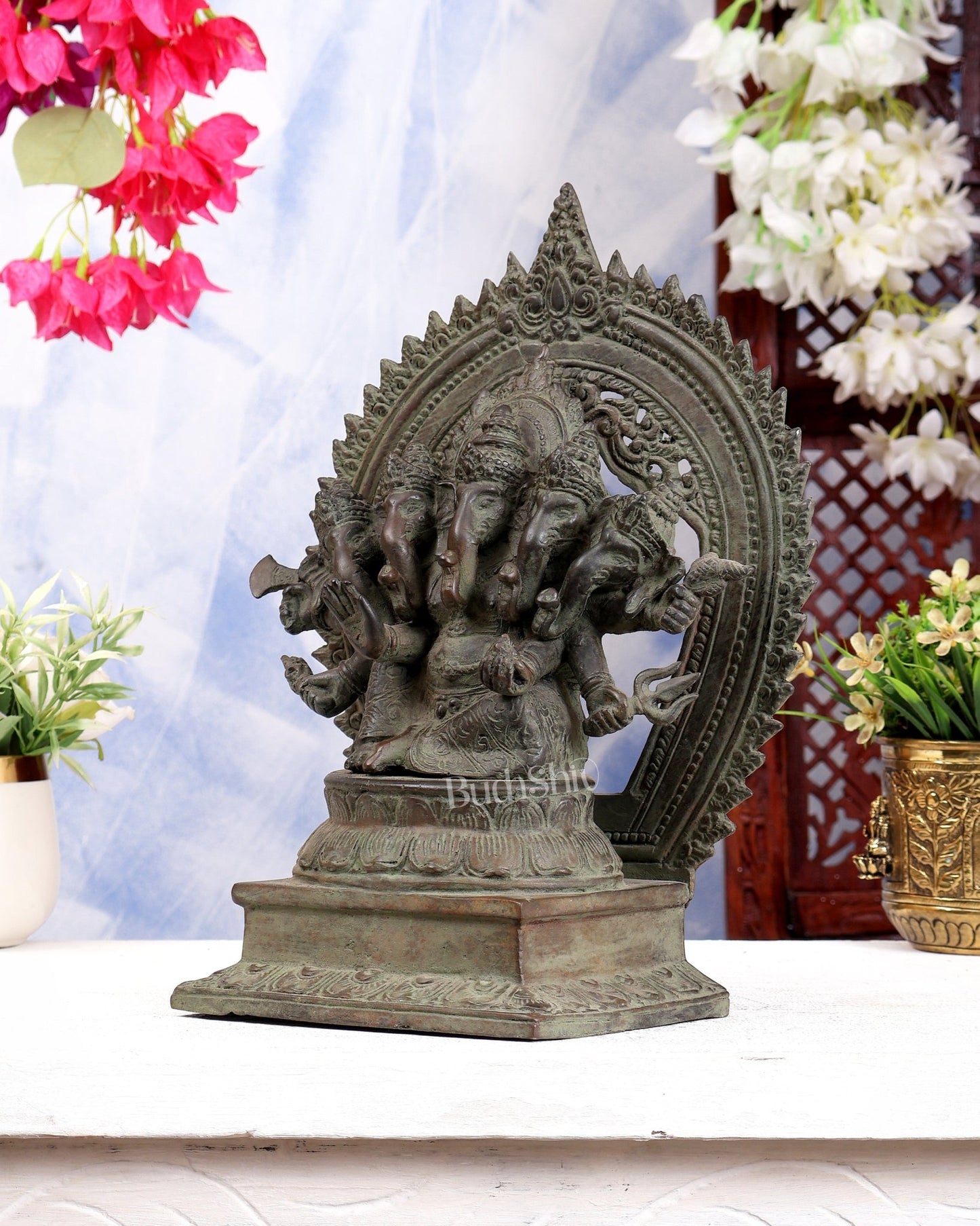 Bronze Panchmukhi Ganesha with Prabhavali | Antique Patina | 12.2 inch - Budhshiv.com