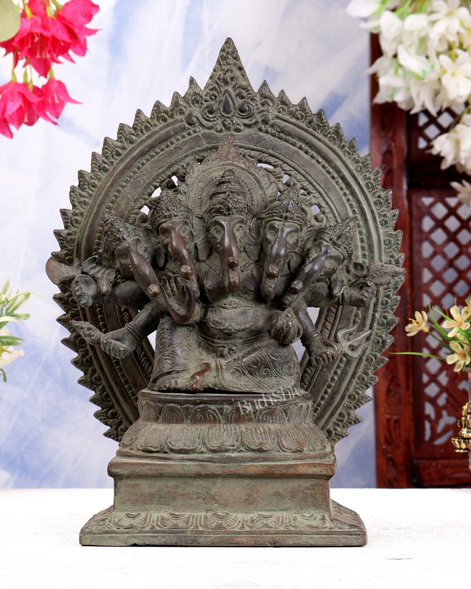 Bronze Panchmukhi Ganesha with Prabhavali | Antique Patina | 12.2 inch - Budhshiv.com