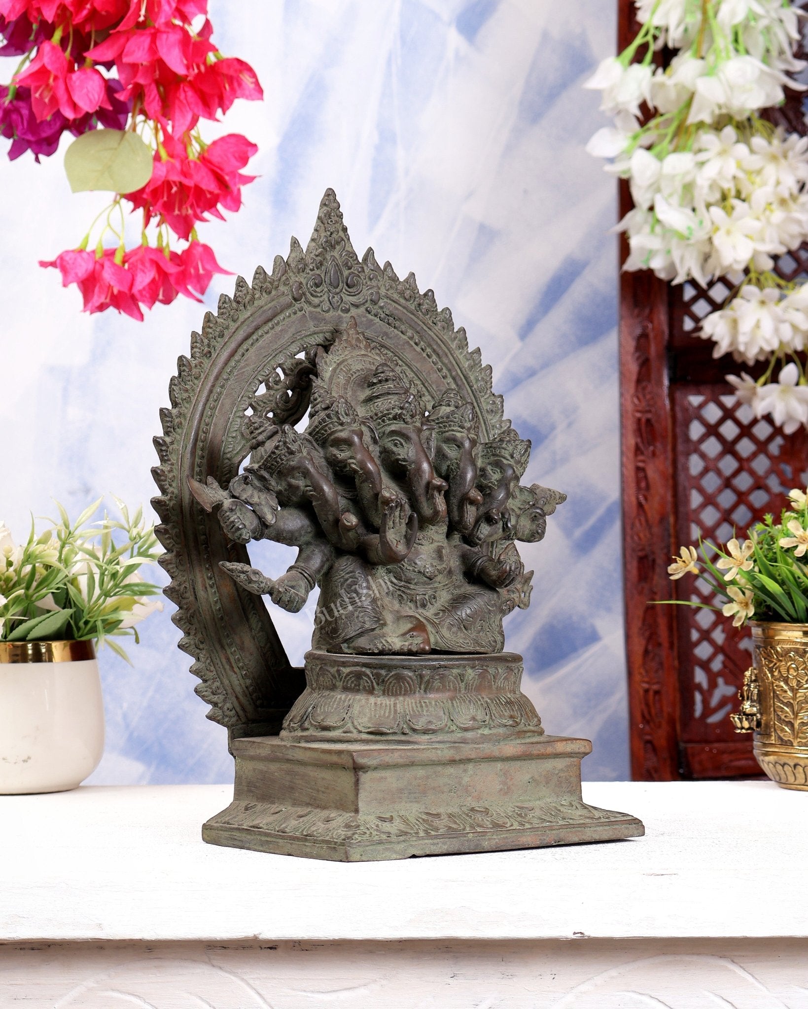 Bronze Panchmukhi Ganesha with Prabhavali | Antique Patina | 12.2 inch - Budhshiv.com
