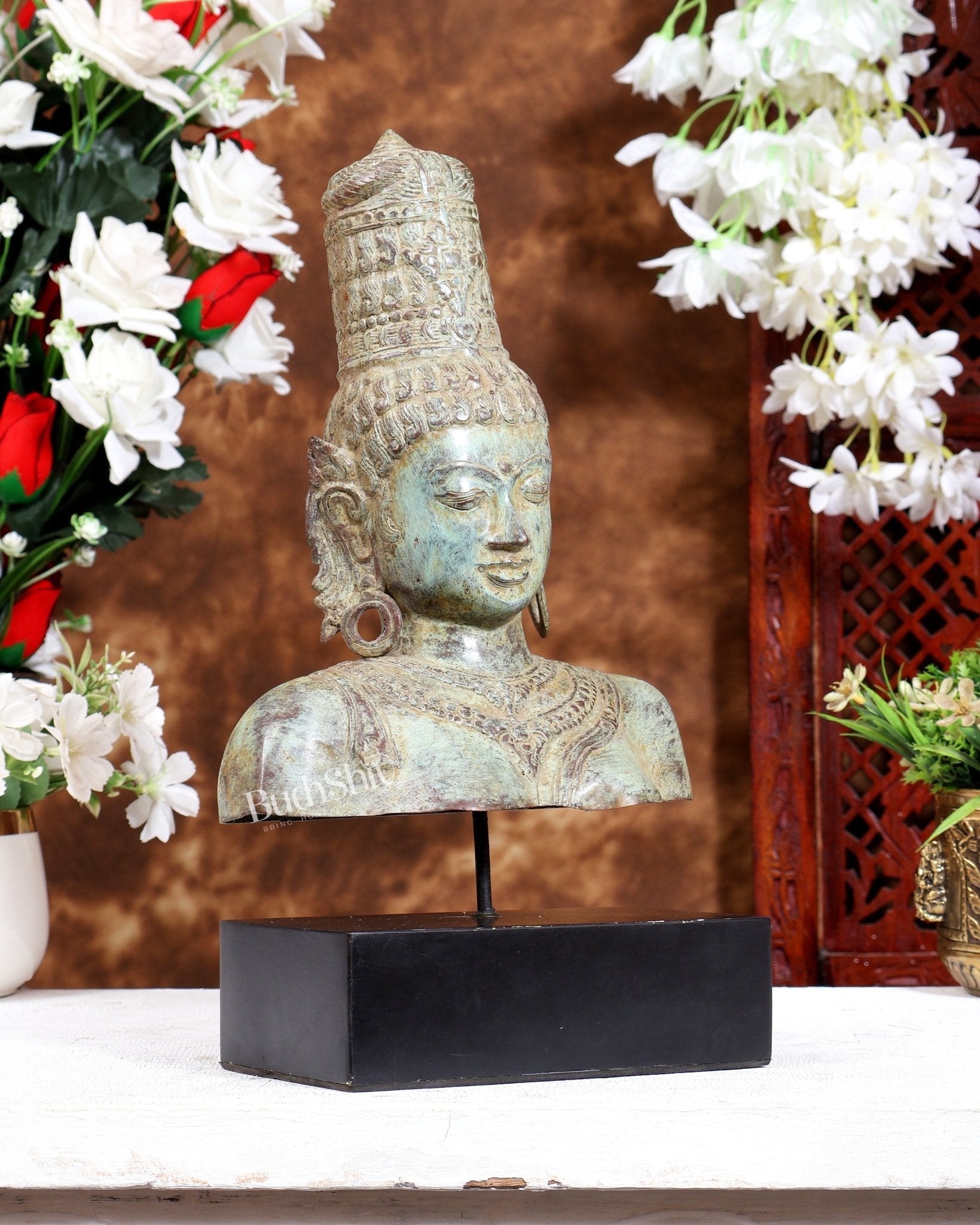 Bronze Parvati Face Bust Sculpture on Wooden Base | 14 inch - Budhshiv.com