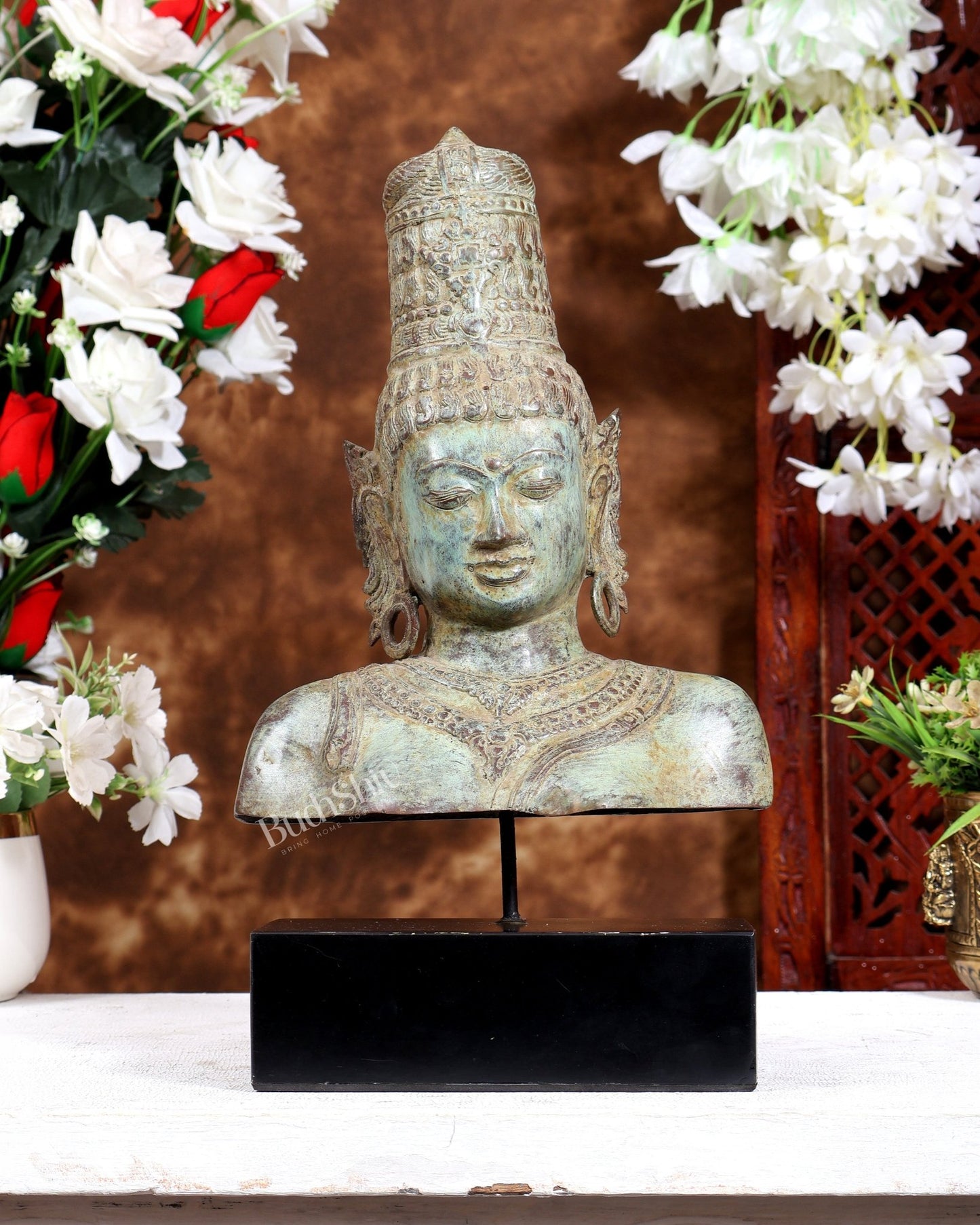 Bronze Parvati Face Bust Sculpture on Wooden Base | 14 inch - Budhshiv.com