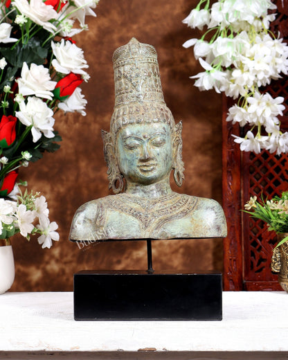 Bronze Parvati Face Bust Sculpture on Wooden Base | 14 inch - Budhshiv.com