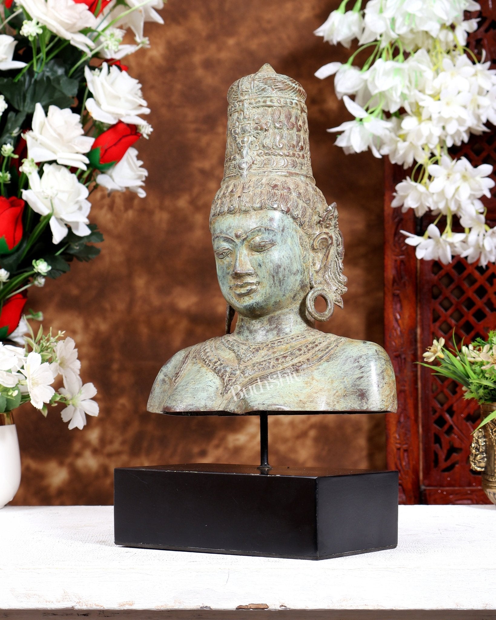 Bronze Parvati Face Bust Sculpture on Wooden Base | 14 inch - Budhshiv.com