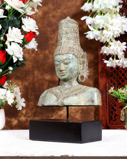 Bronze Parvati Face Bust Sculpture on Wooden Base | 14 inch - Budhshiv.com