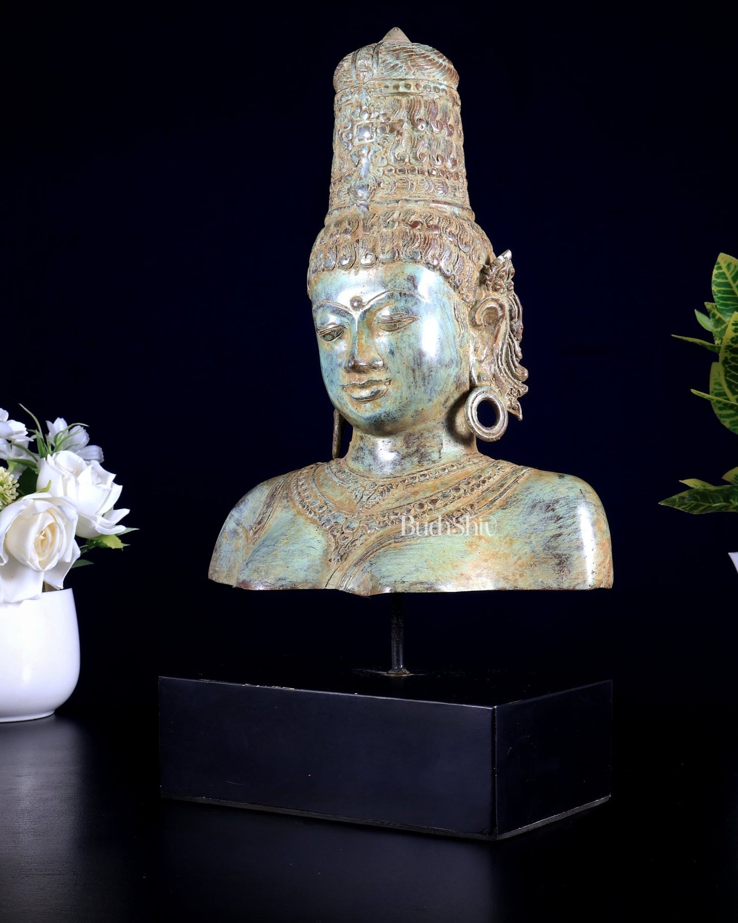 Bronze Parvati Face Bust Sculpture on Wooden Base | 14" - Budhshiv.com