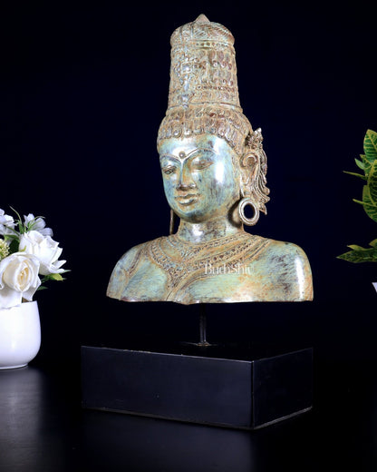 Bronze Parvati Face Bust Sculpture on Wooden Base | 14" - Budhshiv.com