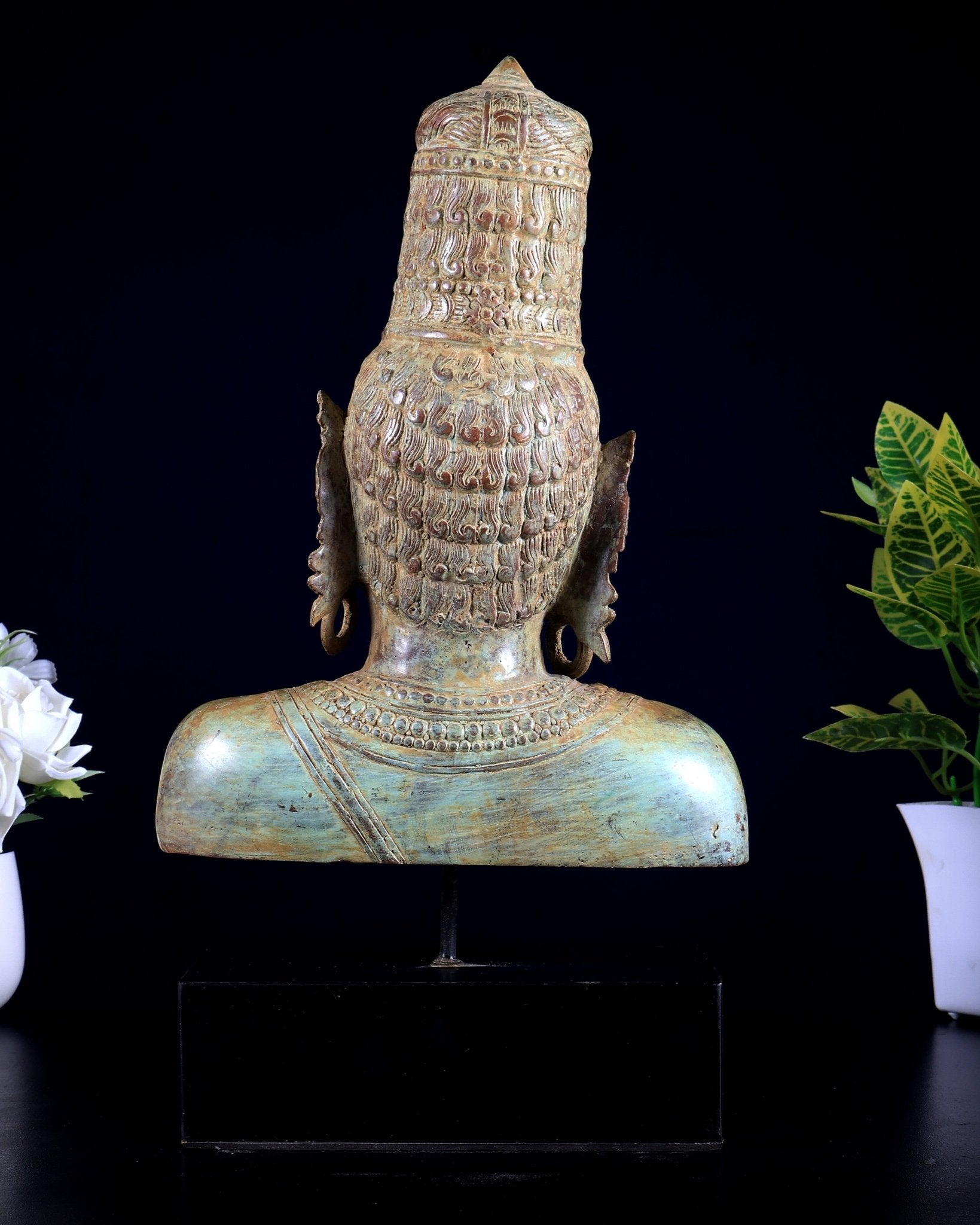 Bronze Parvati Face Bust Sculpture on Wooden Base | 14" - Budhshiv.com