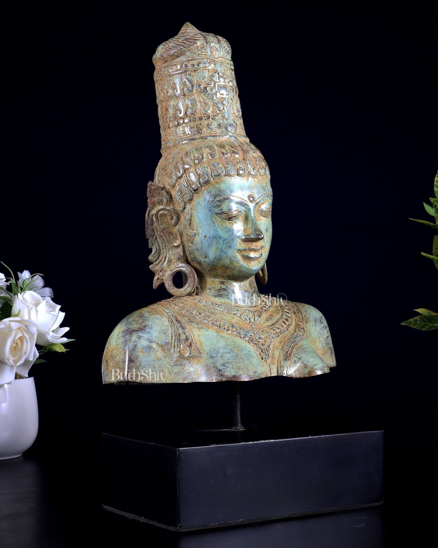 Bronze Parvati Face Bust Sculpture on Wooden Base | 14" - Budhshiv.com