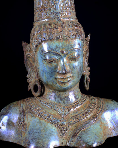 Bronze Parvati Face Bust Sculpture on Wooden Base | 14" - Budhshiv.com