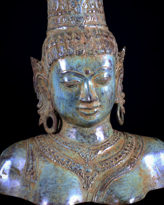 Bronze Parvati Face Bust Sculpture on Wooden Base | 14" - Budhshiv.com
