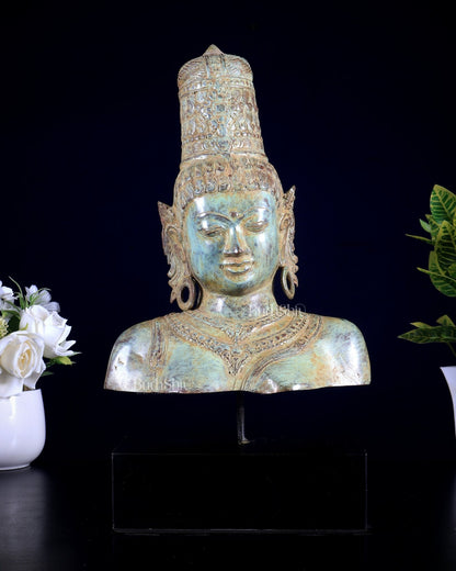 Bronze Parvati Face Bust Sculpture on Wooden Base | 14" - Budhshiv.com