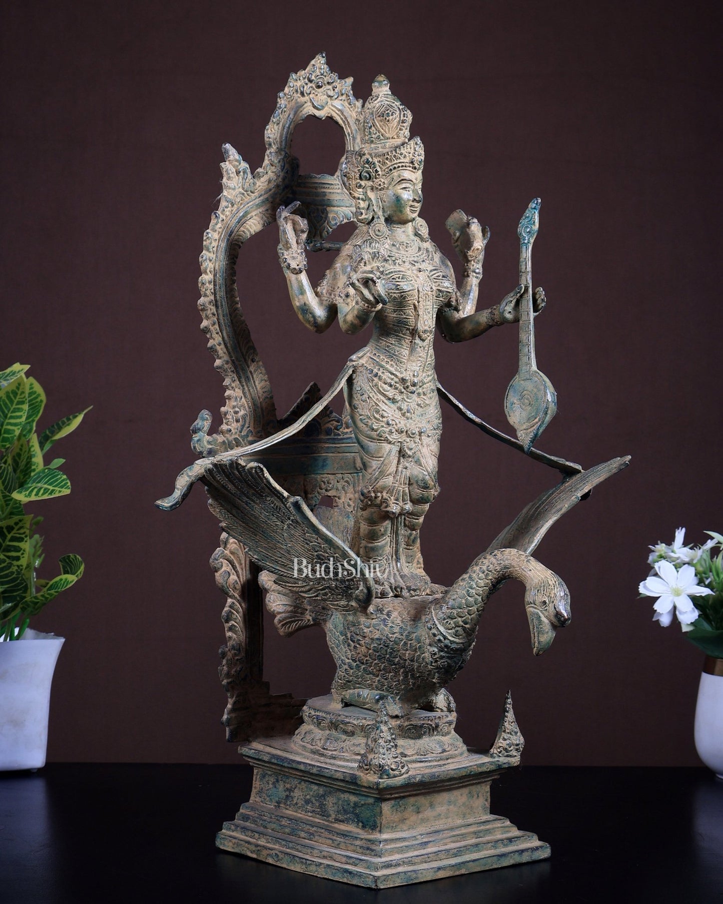 Bronze Saraswati Statue on Swan | Lost Wax Museum Grade Art - Budhshiv.com